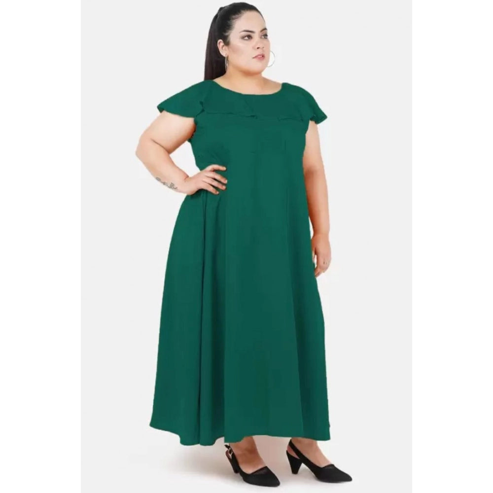 Green polyester fit and flare dress for women, suitable for casual occasions with round neck and short sleeves