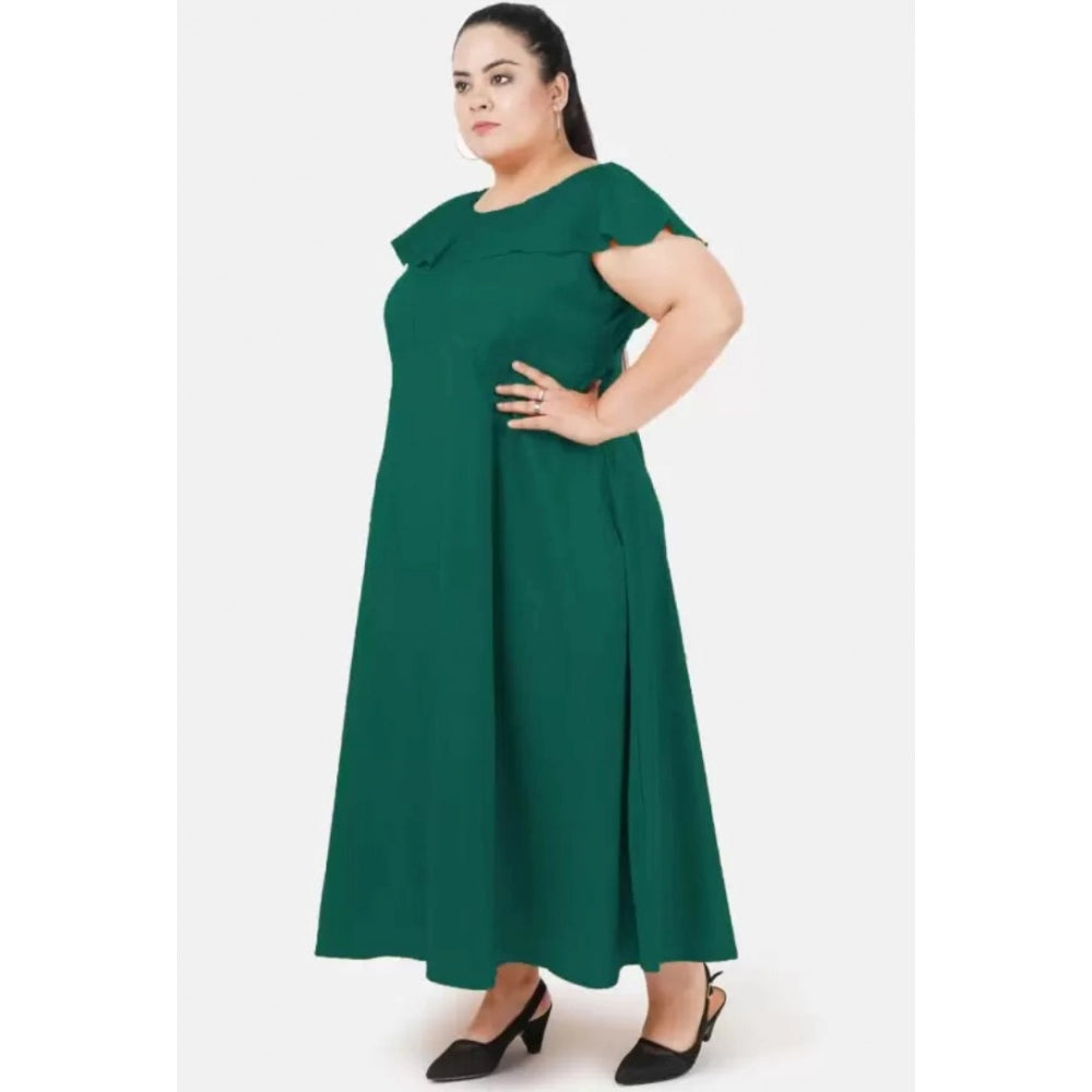 Green polyester fit-and-flare dress for women, round neck, short sleeves - casual occasion