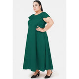 Green polyester fit-and-flare dress for women, round neck, short sleeves - casual occasion
