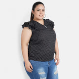 Black crepe women's casual flutter sleeve polka print top for women's casual occasions, V-neck with short sleeves