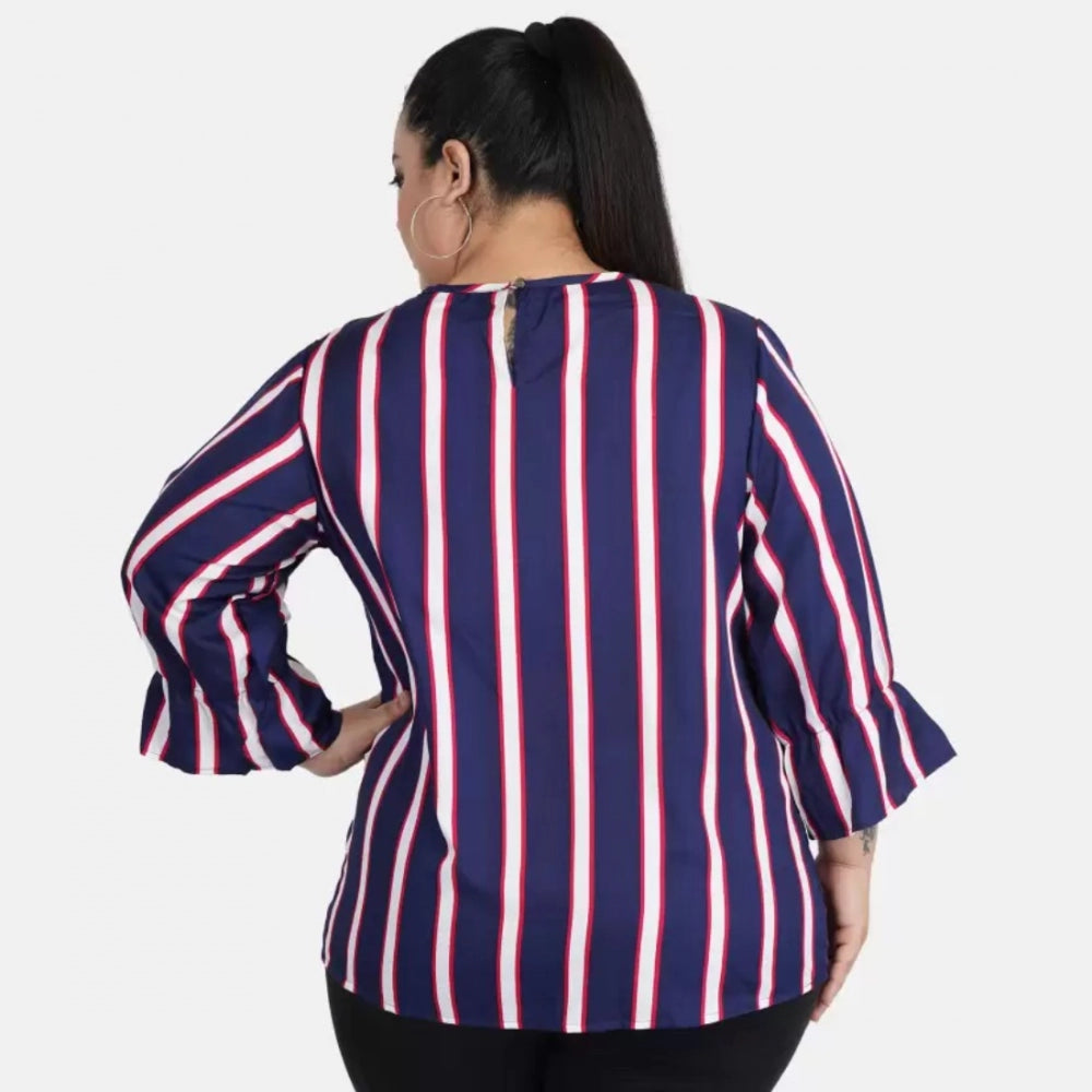 Blue crepe women's casual bell sleeve striped top - versatile for casual wear on flat lay