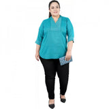 Light Blue cotton linen blend women's casual 3/4 sleeve embroidered top, mandarin collar style on mannequin