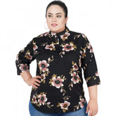 Black poly crepe women's casual three-quarter sleeve printed top, mandarin collar - suitable for casual occasions