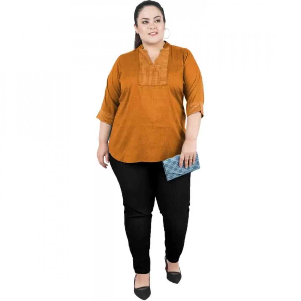 Yellow cotton linen blend three-quarter sleeve embroidered women's casual top with mandarin collar, suitable for everyday wear