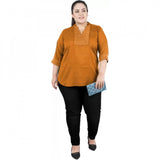 Yellow cotton linen blend three-quarter sleeve embroidered women's casual top with mandarin collar, suitable for everyday wear