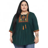 Dark Green Rayon Women's Casual Embroidered Top - 3/4 sleeve, round neck for casual occasions
