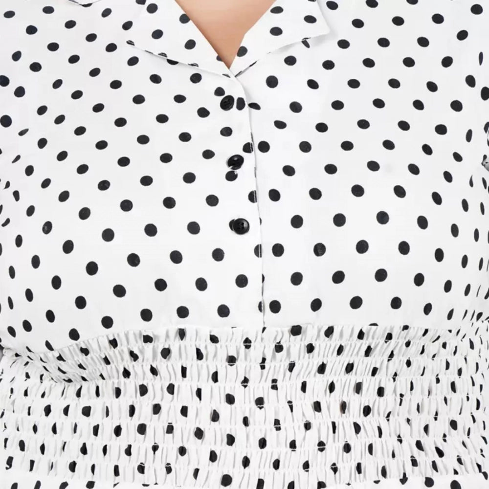 White poly crepe cinched waist dress for women, casual occasion with short sleeves