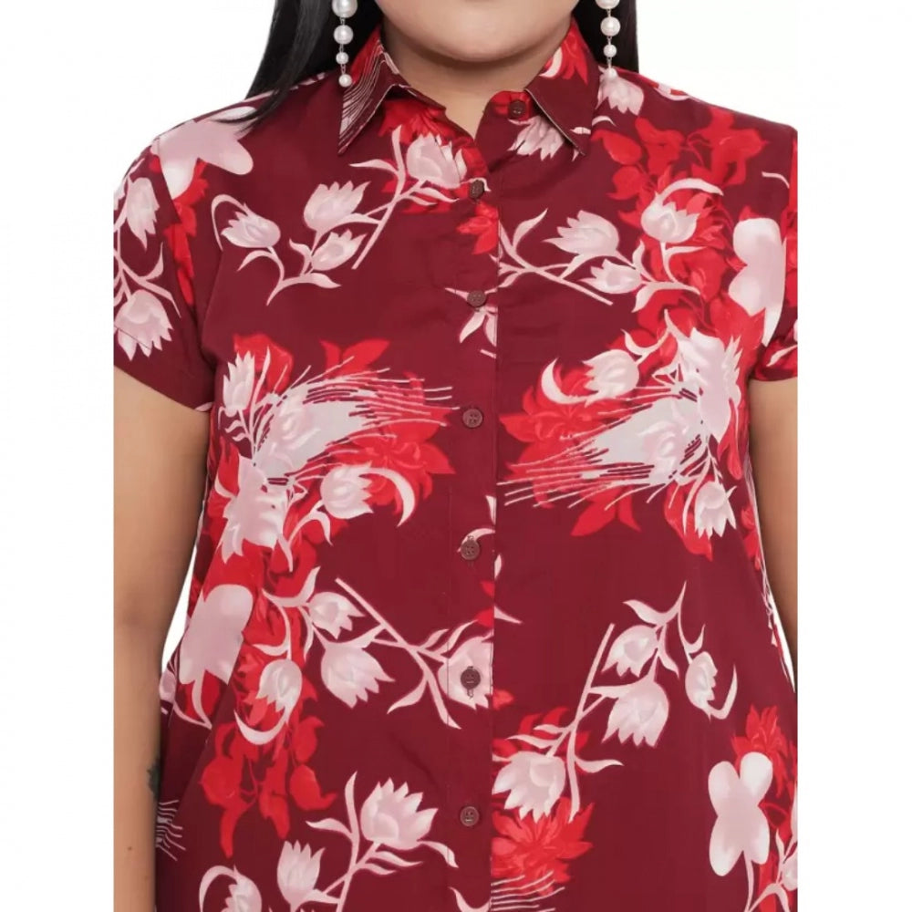Maroon polyester women's casual short sleeve shirt on hanger