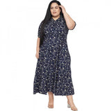 Blue polyester fit and flare dress for women, casual wear with short sleeves and collar neckline