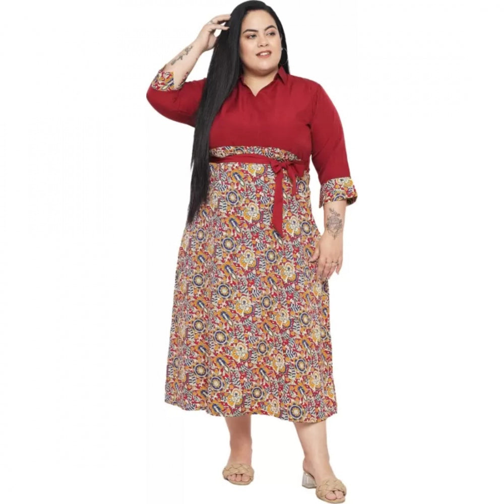 Maroon fit-and-flare polyester dress for women's casual wear, 3/4 sleeve with collar detail, color variation may occur due to lighting and screens