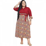 Maroon fit-and-flare polyester dress for women's casual wear, 3/4 sleeve with collar detail, color variation may occur due to lighting and screens