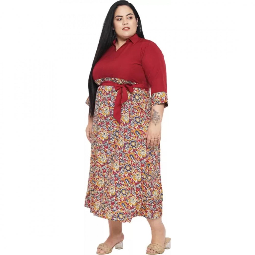 Maroon fit-and-flare dress, polyester women's casual wear with 3/4 sleeves