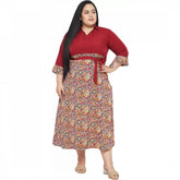 Maroon fit and flare polyester dress for women, casual occasion with 3/4 sleeves
