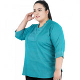 Light Blue cotton-linen blend casual 3/4 sleeve embroidered top for women, suitable for casual occasions