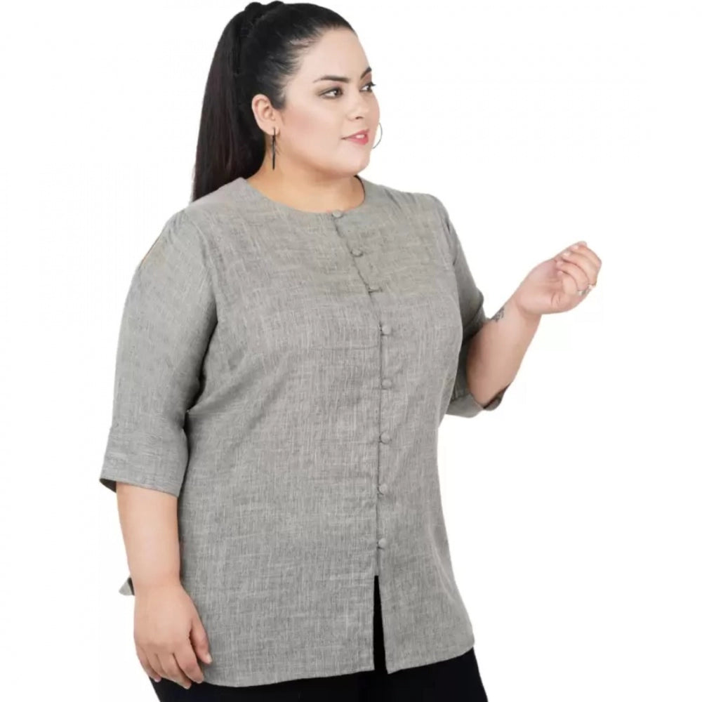 Grey cotton linen blend casual top for women, 3/4 sleeve, round neck, ideal for casual occasions