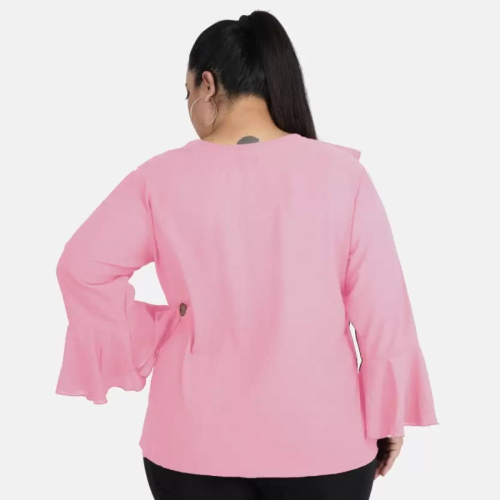 Pink Georgette Women's Casual Bell Sleeve Top for casual wear, tie-up neck with full sleeves