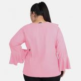 Pink Georgette Women's Casual Bell Sleeve Top for casual wear, tie-up neck with full sleeves