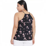 Black polyester women's casual floral print top - sleeveless, round neck design for casual occasions