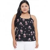 Black floral print polyester women's casual top, sleeveless with round neck - suitable for various casual occasions
