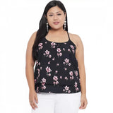 Black polyester women's casual floral print top - sleeveless round neck style for summer events