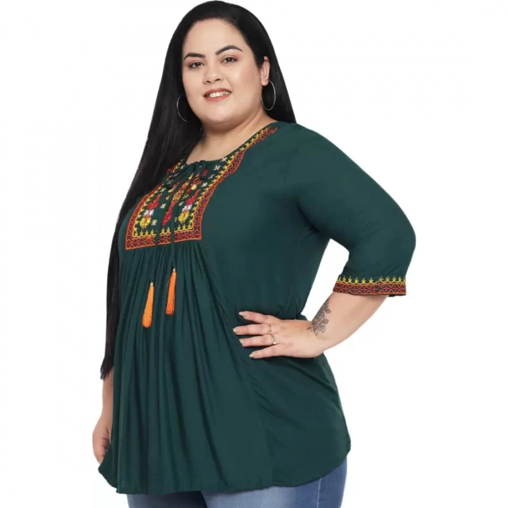 Dark Green Rayon Women's Casual Embroidered Top - 3/4 sleeve, round neck for casual occasions