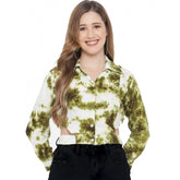 Green rayon women's casual printed top, 3/4 sleeve spread collar design for casual occasions
