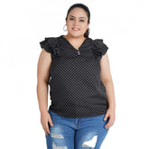 Black crepe women's casual flutter sleeve polka print top - V-neck, short sleeves for casual wear