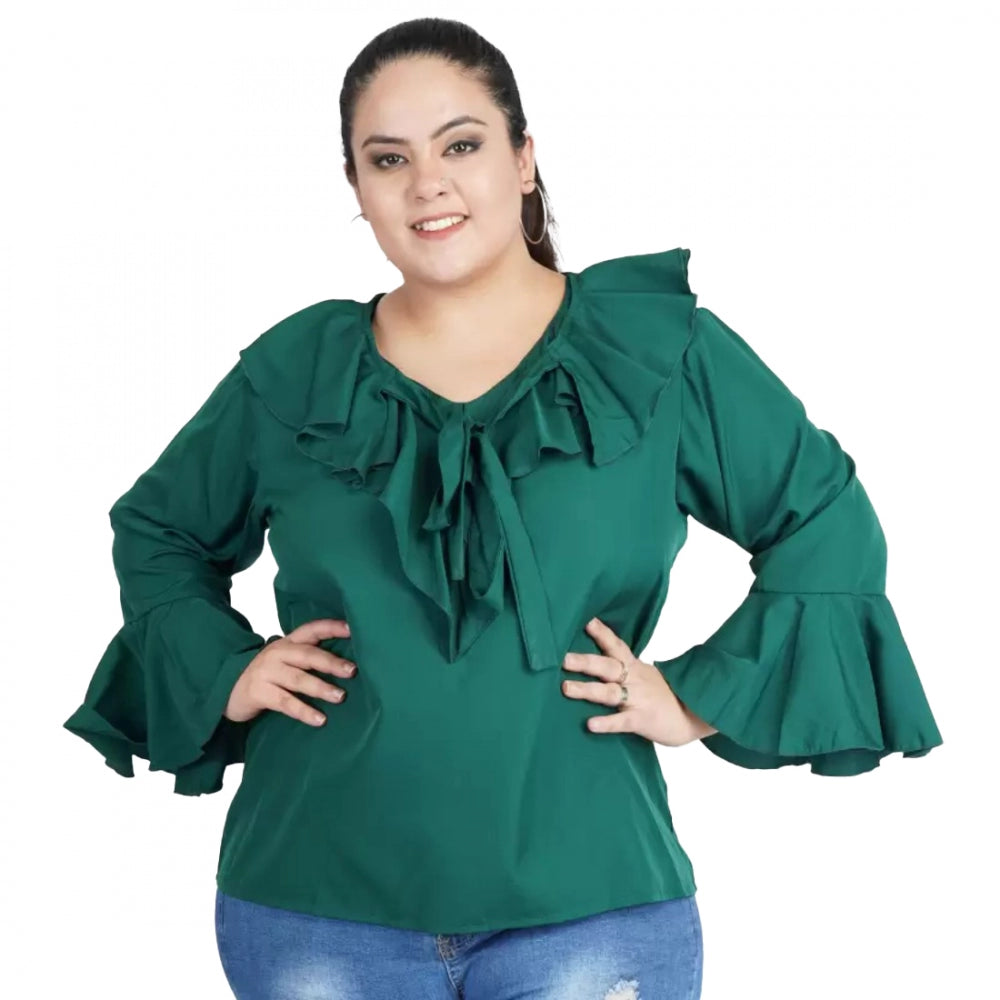 Green Georgette women's casual bell sleeve top, tie-up neck with full sleeves