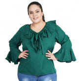 Green Georgette women's casual bell sleeve top with tie-up neck, ideal for casual occasions