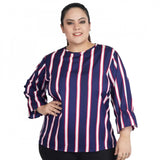 Blue crepe women's casual bell sleeve striped top for everyday wear