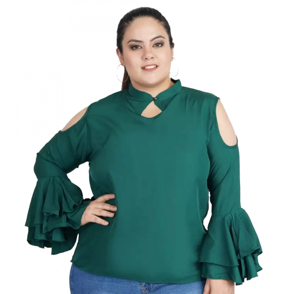 Green crepe women's casual bell sleeve top for casual occasions, full sleeve style