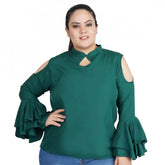 Green crepe women's casual bell sleeve top for casual occasions, full sleeve style