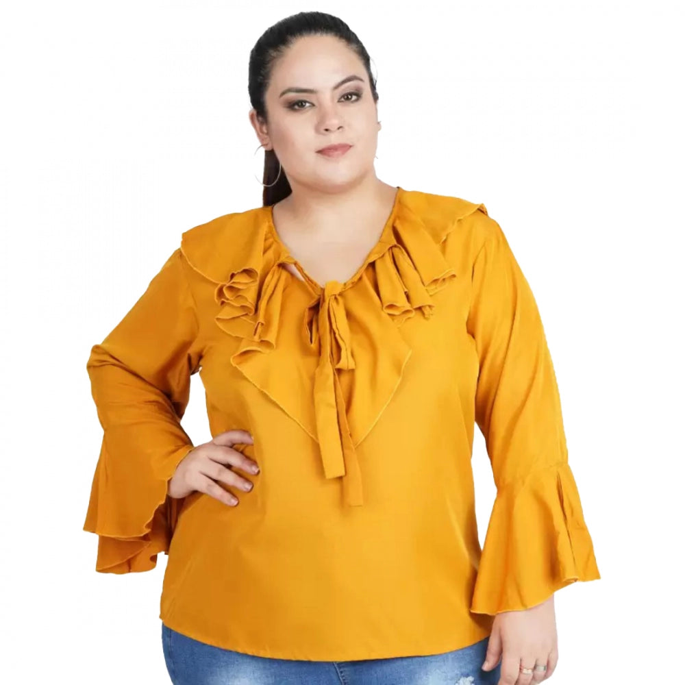 Yellow Georgette women's casual bell sleeve top with tie-up neck, perfect for everyday wear