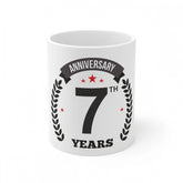 White ceramic 7th anniversary printed coffee mug, 11oz/330ml capacity