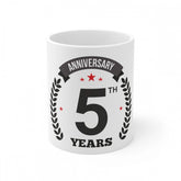 White ceramic 5th anniversary printed coffee mug, 330ml capacity for anniversary gifts or celebrations