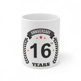 White ceramic 16th anniversary printed coffee mug, 330ml capacity for gift giving or celebration