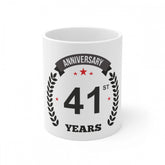 White ceramic 41st anniversary coffee mug (330ml) featuring anniversary print design