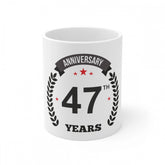White ceramic 47th anniversary printed coffee mug, 330ml capacity
