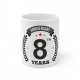White ceramic 8th anniversary printed coffee mug (330ml) - perfect for commemorative beverages