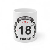 White ceramic 18th anniversary printed coffee mug, holds 330ml for special occasions