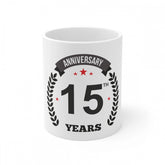 White ceramic 15th anniversary printed coffee mug, 330ml capacity