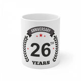 White ceramic 26th anniversary printed coffee mug, 330ml capacity