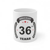 White ceramic 36th anniversary printed coffee mug, 11oz capacity (330ml)