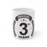 White ceramic 3rd anniversary printed coffee mug, holds 330ml, celebratory design