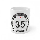 White ceramic 35th anniversary printed coffee mug, 11oz/330ml capacity