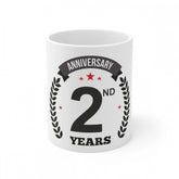 White ceramic 2nd anniversary printed coffee mug, capacity 330ml (actual color may vary)