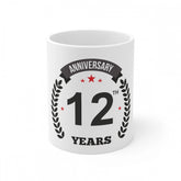 White ceramic 12th anniversary printed coffee mug, 330ml capacity