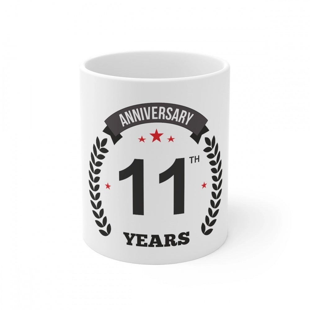 White ceramic 11th anniversary printed coffee mug, 330ml capacity