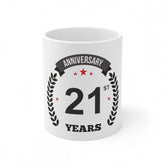 White ceramic 21st anniversary printed coffee mug (330ml)