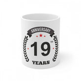 White ceramic 19th anniversary printed coffee mug, 11oz, 330ml capacity